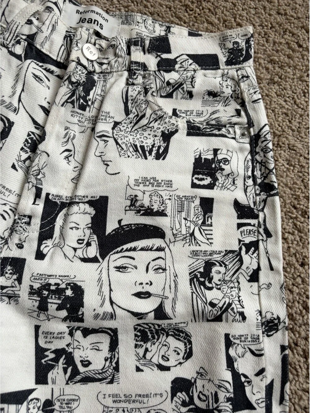 Reformation Newsprint High Rise Straight Leg jeans Newsprint Cream/ Black Sz 25 - Picture 7 of 13
